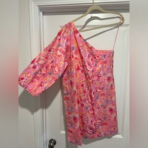 Something Navy Pink Floral One-Shoulder Dress